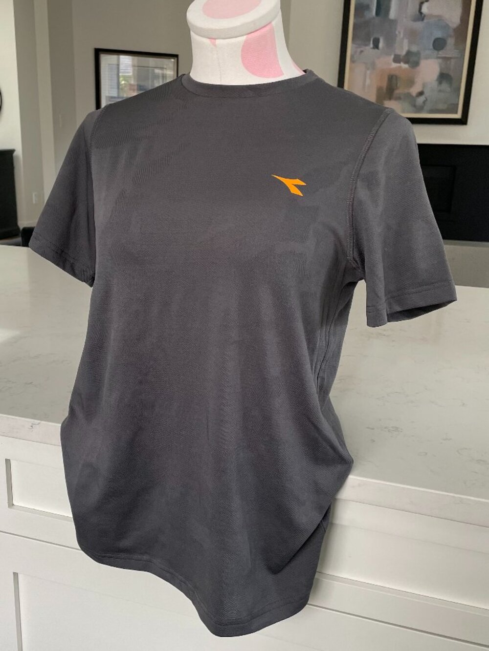 Diadora SS Crew Neck Camo Pattern Tech 100% Poly T Shirt Grey w Orange Logo S